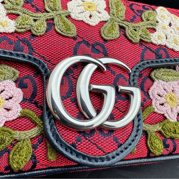 Gucci Monogram Multicolor Super Mini GG Marmont in Red wFloral Embroidery NEW! - Picture 9 of 14